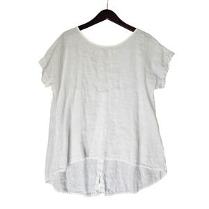 TERZO‎ MILLENNIO Linen Top Italy White Short Sleeve High Low Button Back Size M